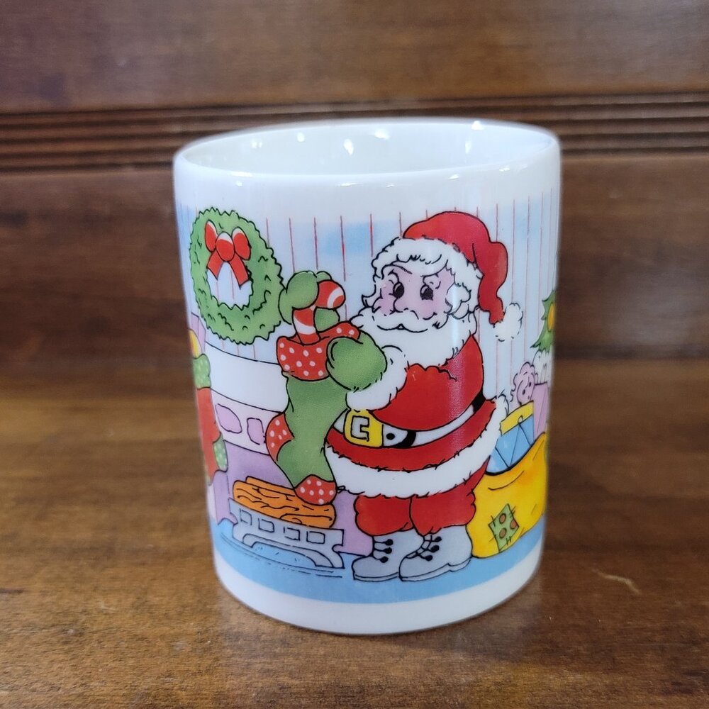 Vintage McCrory Stores White Ceramic Cartoon Santa Scene Cup Mug